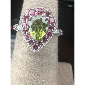 Natural Peridot Garnet Sterling Silver Ring Size 5